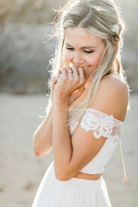 Boho elopement wedding inspiration in Malibu | Grace Loves Lace 2 piece dress with Hadley Frances Jewelry
