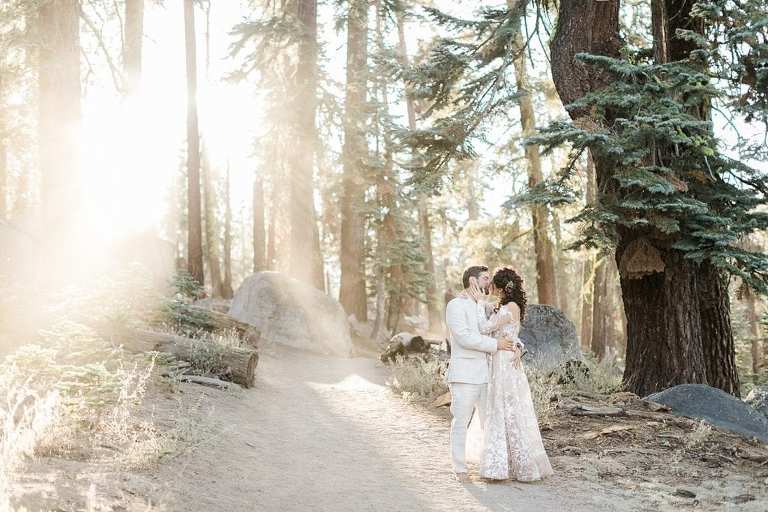 Elopement couple kissing in the forest of Yosemite National Park