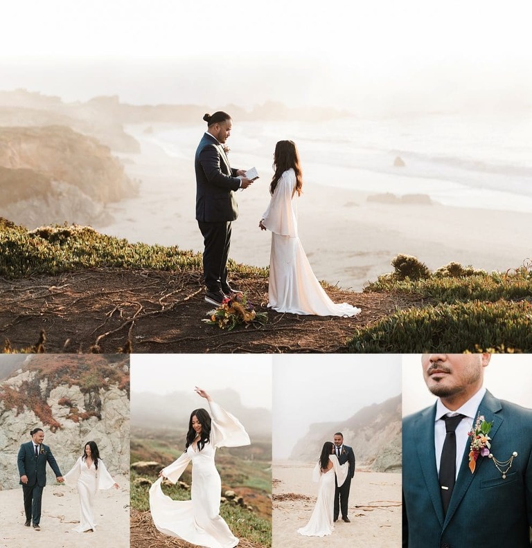 Boho Big Sur Elopement with bell sleeve dress and fall colored flowers